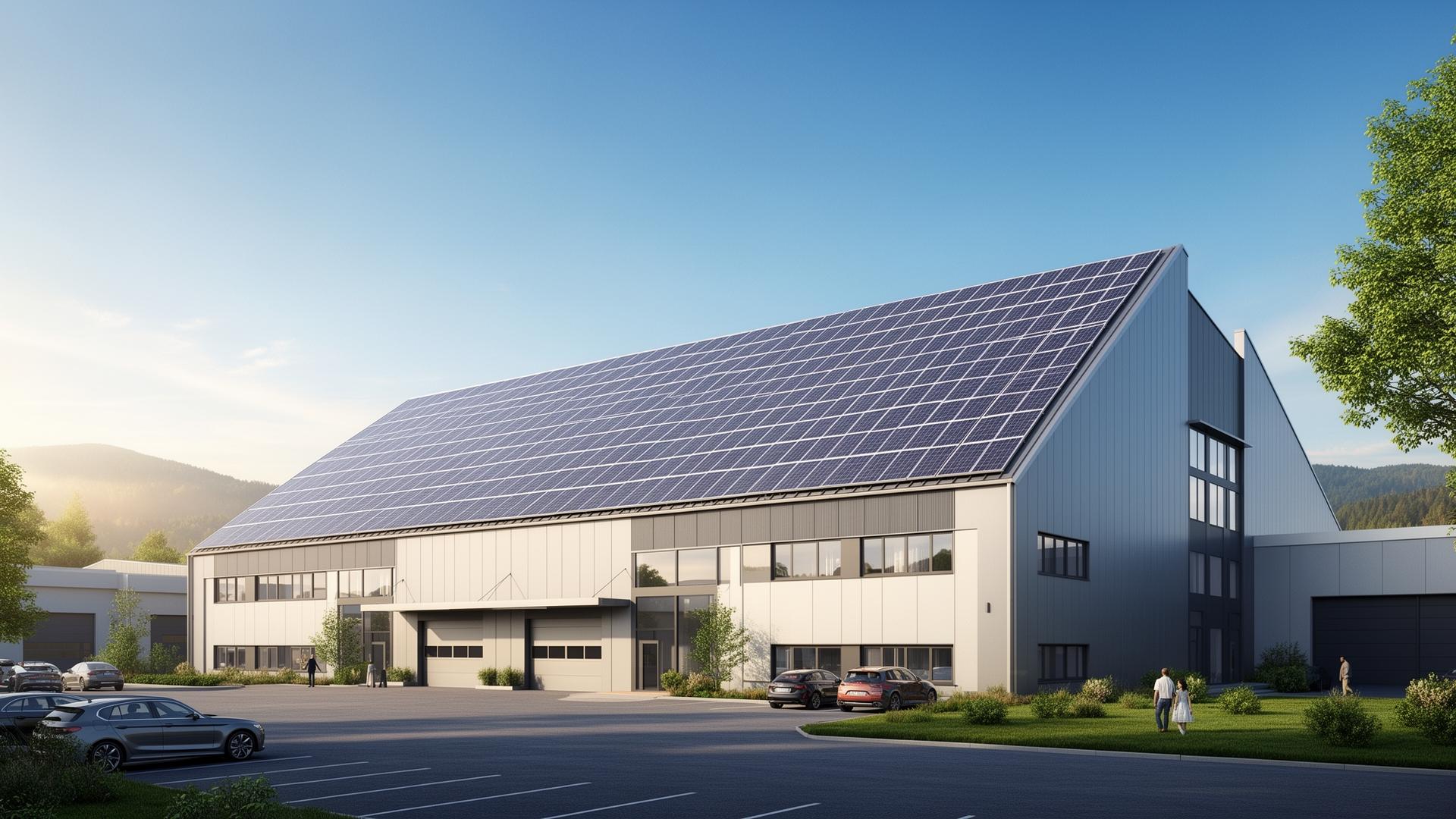 Modernes Gewerbegebäude mit Photovoltaik-Anlage auf dem Dach